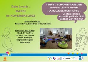 Lire la suite à propos de l’article Temps d’échange et atelier futurs ou jeunes parents « La Bulle de Bien Naître »